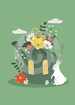 Vector flat style illustration on the theme of summer, flowers, fairy tales. postcard template